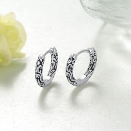Viking Hoop Earrings 925 Sterling Silver Carving Earrings Vintage Huggie Hoop Earrings for Men