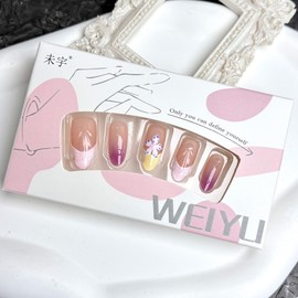 30Pcs Flower Press on Nails Medium Almond Fake Nails with Summer Hibiscus Flowers Design Pink French Tip Glue on False Nail Summer Hawaii Floral Artificial Stick on Nail for Women Manicure Accessories