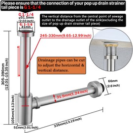 RANDOM Brass Round Bottle P-Trap 1 1/4,Raise and Lengthen Adjustable Basin Sink Waste Drain Trap Kit,Brushed Nickel.RD-83888BN-L