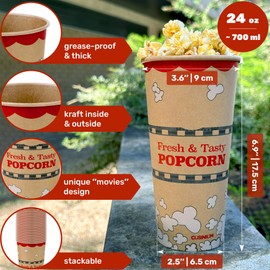CUSINIUM 24 oz 25-Pack Kraft Popcorn Buckets - Large Popcorn Tubs