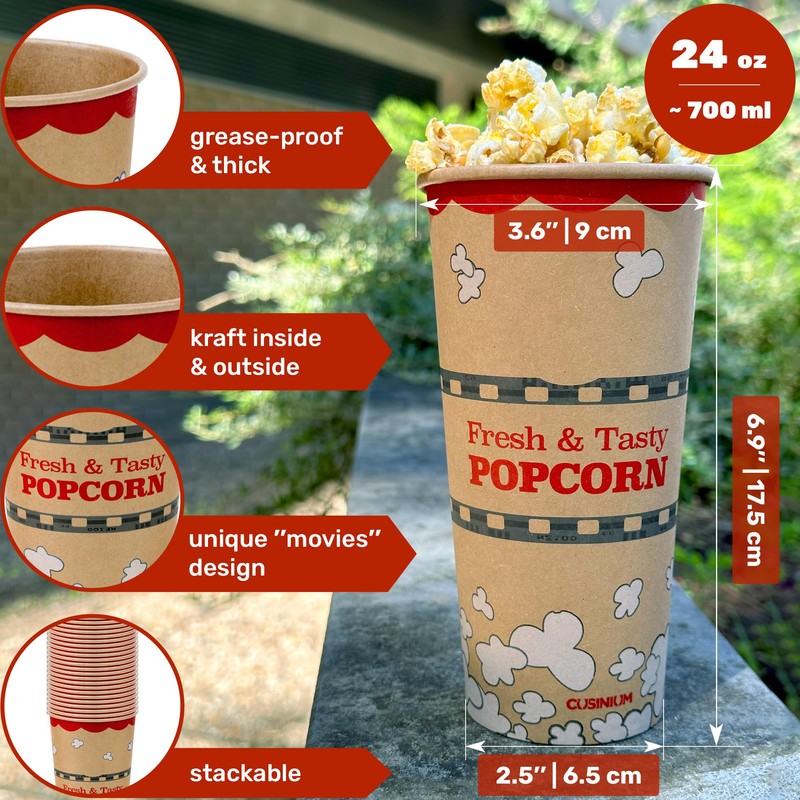 CUSINIUM 24 oz 25-Pack Kraft Popcorn Buckets - Large Popcorn
