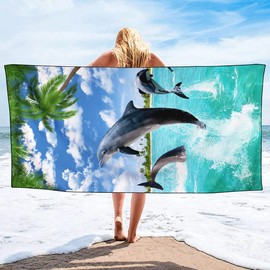 Violetpos Quick Drying and Lightweight Beach Towels, Beach Towel, Large, 90 x 180 cm, Quick-Drying Microfibre, Printed with Dolphins, Palm Trees, Hawaii