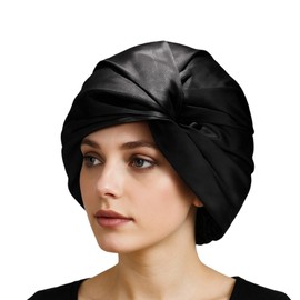 Horktrust Schlafmütze, Seiden-Lockenkappe, doppellagige Seidenschlafmütze, weiche Seidenmütze, doppellagig, verstellbar, Damenmodell, schwarz