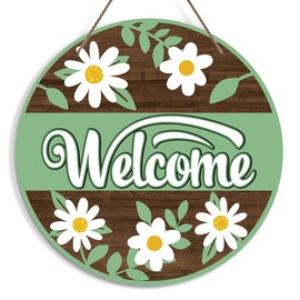 Welcome Spring Sign for Front Door, Greenery Floral Welcome Door Sign Decoration, Hello Spring Round Decorative Wall Sign, Rustic Wooden Hanging Sign for Farmhouse Home Porch Living Room -05