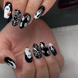 IMSOHOT Press on Nails Medium Almond Fake Nails with Cute Ghost Design Black White False Nails Full Cover Glossy Glue on Nails for Women
