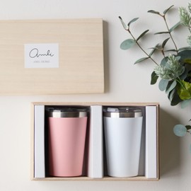 Dolce Duo DAM-240 Thermo Tumbler with Lid, Hot and Cold Insulated, Stainless Steel, Vacuum Insulated, Double Wall Structure, Cup Holder, 13.5 fl oz (400 ml), Set of 2, White, Pink, Convenience Store Cup, Coffee, Takeout, Gift Set, Wooden Box