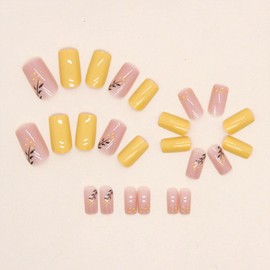 Press on Nails Medium Square Fake Nails with Dot Designs Leaf Glue on Nails Yellow Full Cover Nails Press ons Pink Acrylic False Nails Glossy Artificial Stick on Nails for Women 24Pcs