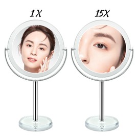 Snowflakes - Espejo de maquillaje de 1 x / 15 x con soporte, espejo de cambiador de mesa de 7 pulgadas para baño o recámara con rotación de 360 °