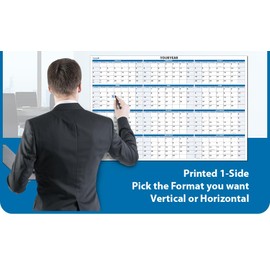 2026 Annual 32" tall x 48" wide 12-Month Horizontal Sky Blue Wet & Dry-Erasable Wall Calendar -Complete with marker, eraser and marker snap-in holder - BN