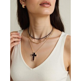 LOOKLITE Gothic Layered Cross Necklaces for Women Black Choker Crystal Cross Pendant Necklace Vintage Black Beaded Rosary Necklaces Y2K Jewelry Outfit Goth Accessories Gold