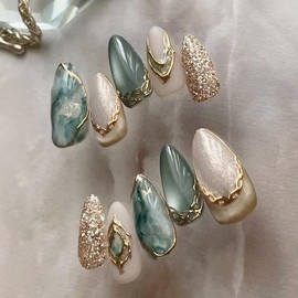 Cat's Eye Press on Nails Short Almond Fake Nails Press ons Acrylic Nail Kit with 3D Gilded Marble Texture Designs Glue on Nails Full Cover Gold Glitter False Nails Stick on Nails for Women 24Pcs