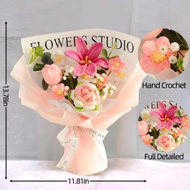 Crochet Flowers Bouquet,Knitted Tulip Bouquet with Card Bag,Artificial Flower for Wife Girlfriend, Simulation Home Office Decor, Pink,Suitable for Festival Wedding Graduation Anniversary (Pink Tulips)