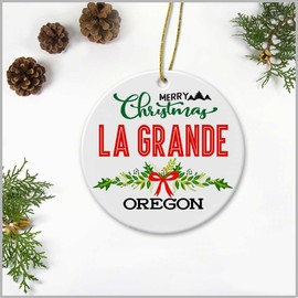 Merry Christmas La Grande Oregon Ornament - Plastic Round Decoration Ornament Keepsake Christmas Tree Decor Housewarming Gifts Ideas for Friends, Family Members, Couples and Newlywed