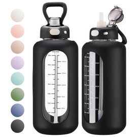 SIEROZUR 64 oz Borosilicate Glass Water Bottle with Straw, Motivational Sports Bottle, Durable Silicone Sleeve, Time Marker, for Gym, Sports, Workout, Daily