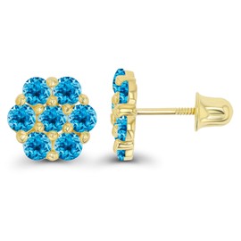 Solid 14K Yellow Gold 8mm Cluster Flower Natural Swiss Blue Topaz December Birthstone Flower Screwback Stud Earrings For Women | 2.50mm Round Birthstone | 14K Gold Cluster Screwback Earrings For Women
