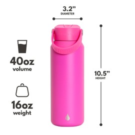 Elemental 40oz Insulated Water Bottle with Straw - 100% Leak-Proof Stainless Steel Core Water Bottles for Travel, Sports and Gym - Double Wall Insulation & BPA Free - Hot Pink
