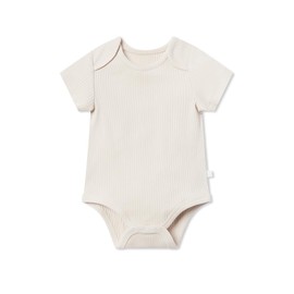 MORI Baby Ribbed Short Sleeve Bodysuit in Ribbed Ecru - Bamboo & Organic Cotton - Envelope Neck Unisex Toddler Romper for All Seasons - 9-12 Months