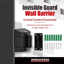 DuraSteel Wall Mount Retractable Belt Barrier - 6.5 Ft Black Safety Belt in Sturdy Black Casing - Guardian 2.0 Indoor & Outdoor Do Not Cross Caution Tape for Crowd Control Queue Barrier, Line Divider