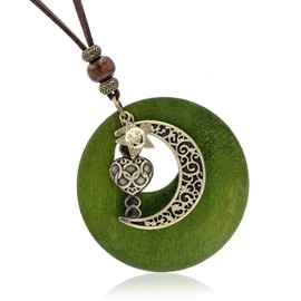 Napisto NPN186 Women's Long Ethnic Leather Cord Necklace, Wooden, Day and Moon, Brown, Wood, No Gemstone