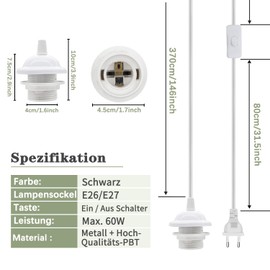 E27 Lamp Holder, Pack of 2 Pendant Lamp with Plug, Lamp Holder with Switch, White Pendant Light with 450 cm Power Cable, Pendant Light with Screw Ring, Can DIY Lampshade, for Bedroom, Living Room