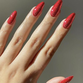 Red UV Press on Nails Medium Almond Shape, Fake Nails with Sparkly Designs, Glossy Bright Red Glitter False Nails Gel Nails Full Cover Acrylic Nails with Glue Stick on Artificial Fingernails for Women