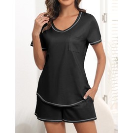 Ekouaer Women's Pajamas Sets Short Sleeve Lounge Sets Sleepwear Casual Two Piece Pjs With Pockets Black XL
