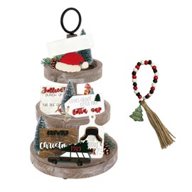 ACJRYO Christmas Tiered Tray Decor, 7pcs Triple Tiered Tray Decor Christmas Table Decorations Rustic Farmhouse Autumn Fall Supplies for Christmas Home Kitchen Party Decoration Not Included Tray