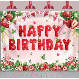Strawberry Birthday Backdrop 7x5ft Strawberry Shortcake Party Background Berry Sweet One Girl Kids Happy Birthday Decorations Banner Photo Props Supplies