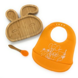 Baby Toddler Bunny Suction Plate Set | Stay Put Feeding Plate | Natural Bamboo | Spoon and Bib Included (Orange)