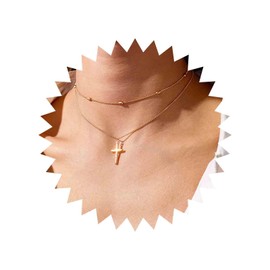 Yienate Boho Layered Cross Necklace Choker Vintage Gold Cross Pendant Necklace Pearl Satellite Choker Multilayer Statement Cross Necklace Jewellery for Women and Girls, Metal Material
