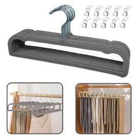 Velvet Pant Hangers, 20pcs Heavy Duty Flocked Trouser Hangers with Non-Slip Bar, 35cm(L) Adult Clothes Hanger with Swivel Hook, Slim Felt Jean Hangers for Shorts, Dress, Scraf, Bar (Grey-Silver)