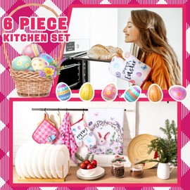 Bencailor 6 Pcs Easter Bunny Eggs Flowers Kitchen Towel Pot Holder Oven Mitt Set 2 Floral Dish Towel 2 Heat Resistant Cooking Glove 2 Pan Plate Bowl Pads for Spring Holiday (Pink White,Buffalo Plaid)