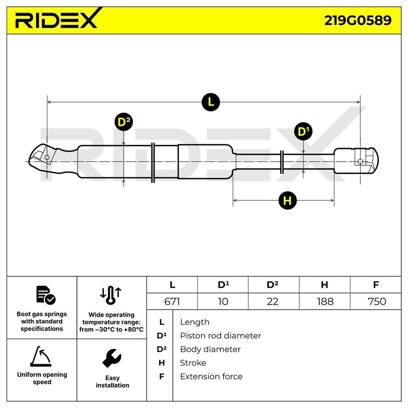 RIDEX Tailgate Damper 219G0589 Rear Left, Length: 671 mm, Extension