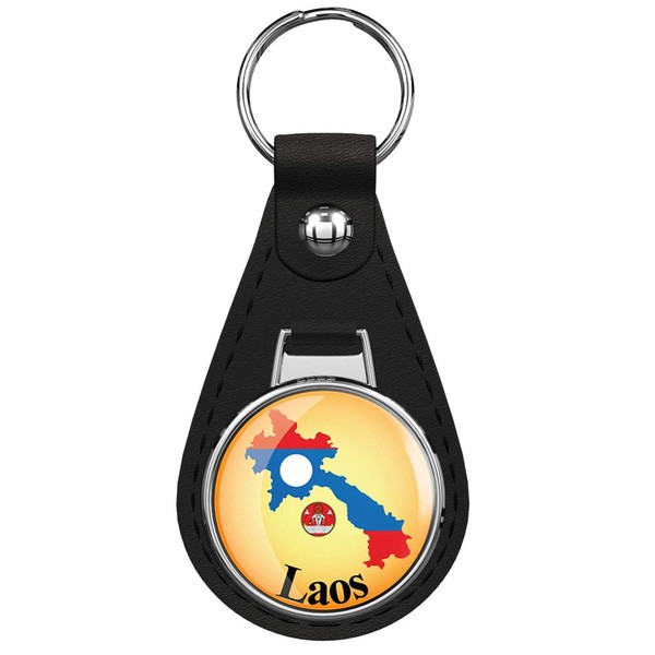 Laos Glossy Map Flag Keychain Black Premium Leather Key Chain