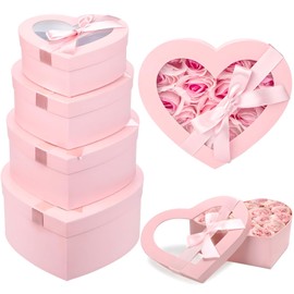 Taefuhnn 4Pcs Nesting Heart Shaped Gift Box with Clear Window Lids & Ribbons for Gifts Flower, Assorted Size Heart Gift Box Bulk for Mother's Day Valentine's Day Wedding Birthday Bridesmaid Proposal