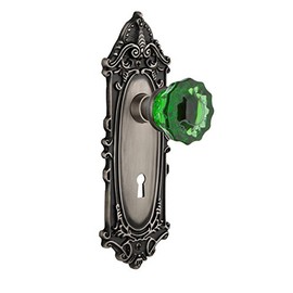 Nostalgic Warehouse 723050 Victorian Plate with Keyhole Single Dummy Crystal Emerald Glass Door Knob in Antique Pewter
