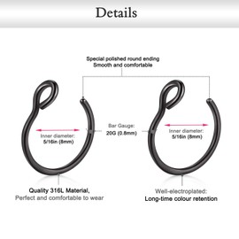 Jforyou 20G 8 mm Pack of 10 Fake Nose Piercing Hoops Fake Ear Helix Cartilage Ring, Stainless Steel, Black (black set)