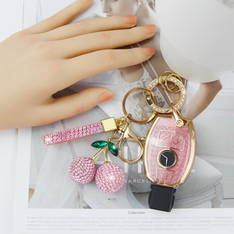 Rayslesan Sparkly Key Fob Cover with Cherry Keychain, Bling TPU