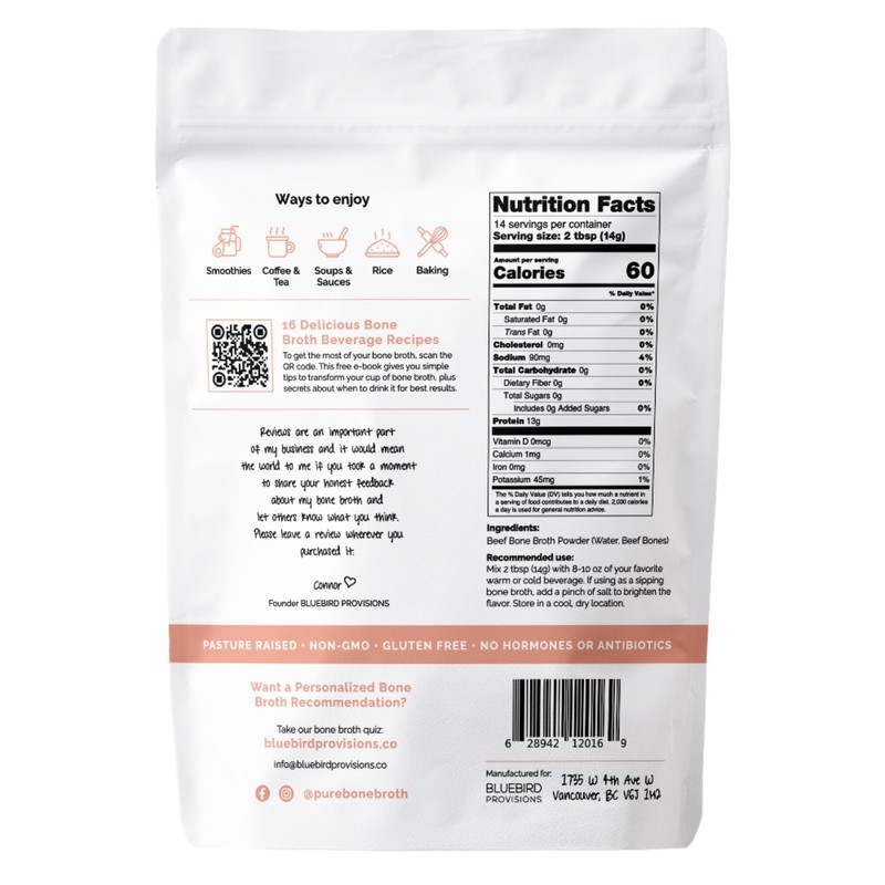 BLUEBIRD PROVISIONS Beef Bone Broth Protein Powder - Grass Fed