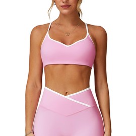 ABOCIW Sports Bras for Women Color Block Workout Bra Adjustable Spaghetti Straps Gym Bra Training Fitness Running Yoga Crop Tank Pink Large