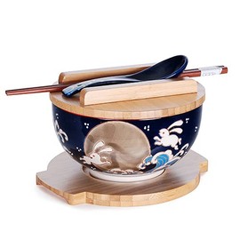 Needzo Japanese Dinnerware Set, Moon Rabbits Bowl with Wooden Lid, Chopsticks, Soup Spoon and Trivet, 7 Piece Kit