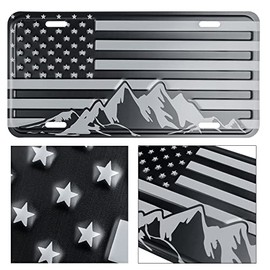 American Flag with Mountains License Plate. Embossed 3D Aluminum (Grey & Black)