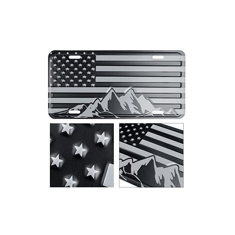 American Flag with Mountains License Plate. Embossed 3D Aluminum (Grey
