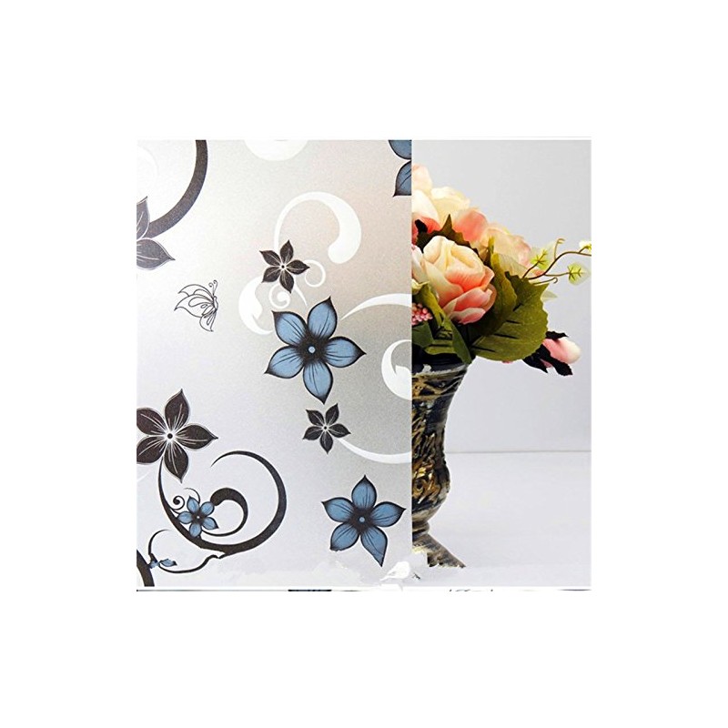 CVANU Printed Blue Flower Opaque Window Cling Frosted Vinyl Sheets