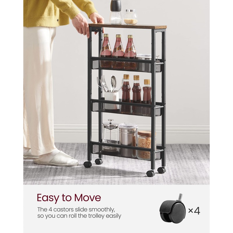 VASAGLE Slim Rolling Cart, 4-Tier Narrow Storage Cart with Handle,
