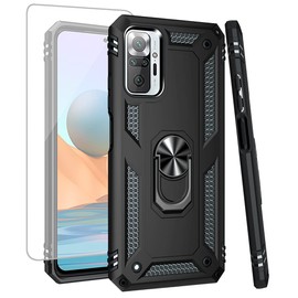 Zoeirc for Redmi Note 10 Pro 4G/Note 10 Pro Max Case with Tempered Glass Screen Protector, [Military Grade] Magnetic Car Ring Mount Holder Protective Cover Case for Xiaomi Redmi Note 10 Pro Black
