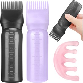 2 Pack Hair Oil Applicator Bottle for Scalp with Comb,Hairs Oil Bottle with Root Comb for Scalp, Shampoo Scrubber Applicator,Hair Dye Tools (Purple+Black, 17.2 * 4.5cm)