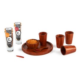 SAL DE AQUÍ - Set de 4 mezcaleros de madera de bálsamo - Hechos a mano - Contiene Sal de Gusano de Maguey y Sal de Chapulín