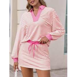 Fisoew Womens Striped 2 Piece Outfits Casual Sweatshirt Skirt Set Long Sleeve Skort Workout Set Matching Lounge Sets