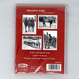 Pack of 8 Christmas cards featuring vintage black and white photos of skaters and skiers at Christmas, 2 each of 4 different designs, cards are 12.5 x 17.5cm and come with a red envelope